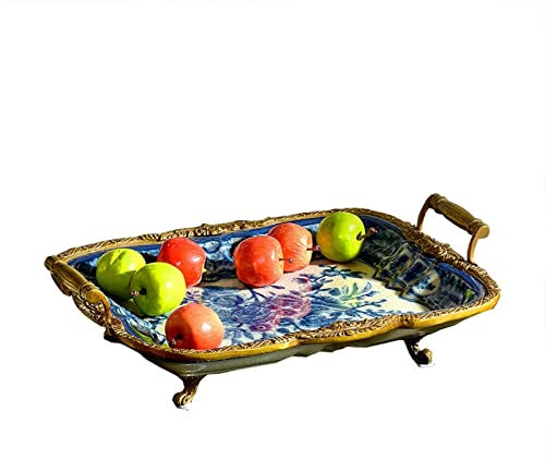 Plato de frutas Cesta de frutas Bandeja de verduras Plato de frutas rectangular Frutero de cerámica retro Decoración de escritorio para sala de estar Comedor Plato de frutas con asa de doble oreja Pl