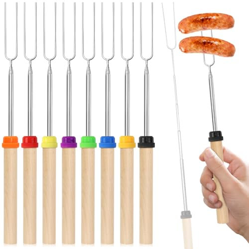 VZXZXE Marshmallow - Set di 8 spiedini telescopici, 30 – 80 cm, in acciaio inox, allungabili, per falò, forchetta da barbecue, set di posate per barbecue da campeggio