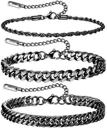 JEMARA 3 Pcs Men's Bracelet Set, Black Rope & Cuban Chain, Adjustable 7+1.2 (18+3cm), 3mm & 7/8mm Width, Stainless Steel, Toggle Clasp