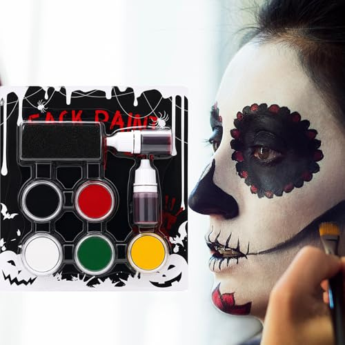 Set trucco Halloween, vernici per viso e corpo nero + bianco + rosso + giallo + verde, vernici lavabili per viso con sangue finto, lavabili in crema per cosplay di Halloween