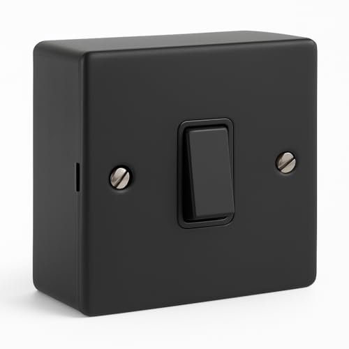 SHPELEC® Mattschwarzer Metallschalter und Steckdosen-Serie mit Aufputzdose – schlank, langlebig und einfach zu installieren (1-Gang-Schalter 10 A + Einbaudose, verschraubte Version)