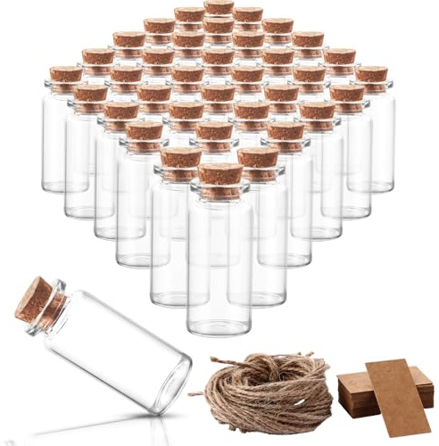 FWEEK 110 Stück Glasfläschchen mit Korken 10ml, Glasfläschchen Klein, Mini Glasflaschen mit Korken, Kleine Korkflaschen für DIY, Hochzeitsdeko, Vorratsglas, Bindfaden + 110 Stück Hängeetiketten