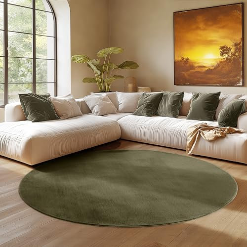 SIMPEX Runder Teppich Grün 160 cm Kurzflor Teppich Waschbar, rund, weich & rutschfest, modern einfarbiges Design für Wohnzimmer, Küche Schlafzimmer, & Kinderzimmer