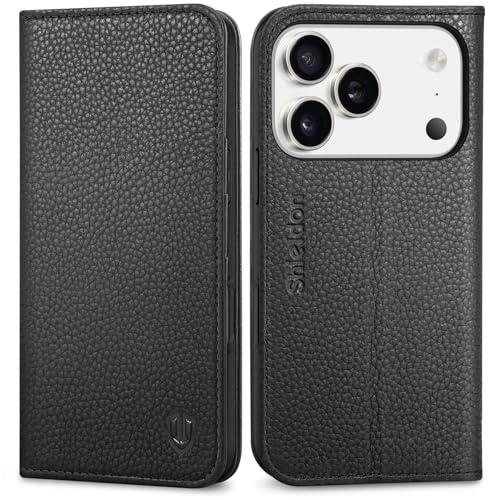 SHIELDON Lederhülle für iPhone 17 Pro 6,3 5G 2025, Litschi Schwarz | Rindsleder Case, Magnetisch Schutzhülle, RFID Blocker, Handy-Ösen, Kartenfach, Standfunktion, Handyhülle