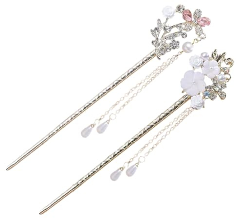 SGERUFZ 2 Stück Perlen Haarstab, Strass-Haar-Essstäbchen, Chinesische Haarnadel, Vintage Quaste, Japanische Haarstäbchen, Handgefertigte Chignon Schmuck, Haarschmuck für Mädchen