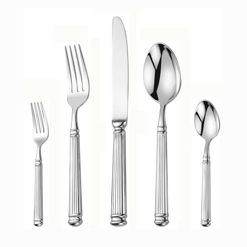 Ensemble de Couverts, Colonne Romaine forgée en Acier Inoxydable Massif, Couverts de Table Comprenant Une cuillère, Un Couteau et Une Fourchette, Poli Miroir (Argent, 5 pièces)