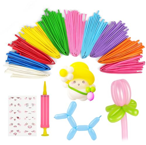 AOOTE Long Balloons, 100Pcs Long Balloons for Modelling, Twisting Animals Balloon with 1 Hand air Pump and 1 Emoji Sticker, Latex Modelling Balloon for DIY Animal Shaping, Decoration,Party,Multicolor