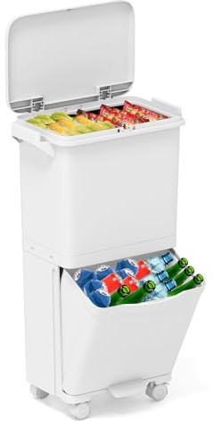 GIANTEX Mülleimer Küche 3 Fächer 36 Liter, Abfalleimer mit Deckel, Tretmülleimer auf Rädern, Abfallbehälter mit 2 herausnehmbaren Behältern & Pedal, Treteimer Mülltrennsystem für Esszimmer Küche Weiß