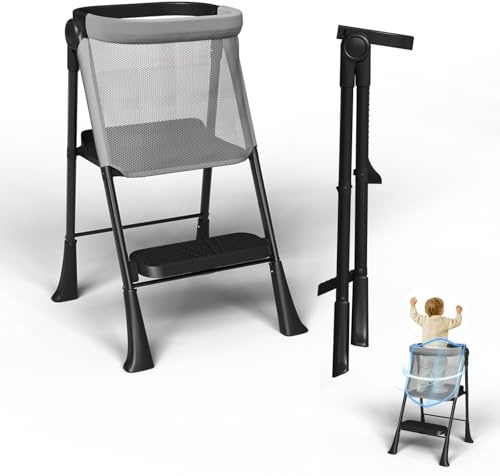 Toddler Tower Foldable, Foldable Toddler Standing Tower for Bathroom Sink or Kitchen Counter with Safety Net, Suitable for 1-6 Years,Black