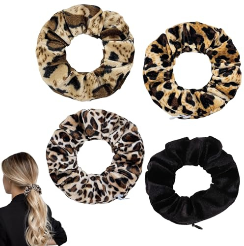 4 Stück Scrunchies Haargummi mit Reißverschluss,Haargummis Damen,Haargummi Leopardenmuster,Scrunchies Samt Reise Gadgets für Frauen,Geldversteck zum Verstecken,Geheimversteck für Wertsachen Versteck