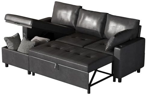 YODOLLA Schlafsofa 3-in-1, Umschaltbare Chaiselongue Sofa, Leder Schlafsofa mit Bettkasten, USB-Ports & Tassenhalter, Ausziehsofa für Wohnzimmer & Wohnung (Schwarz)