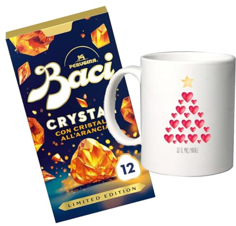 Baci Perugina Crystal Edition + tazza mug personalizzabile Scatola con Praline di Cioccolato Fondente Extra al Gusto di Arancia con Nocciole, Mandorle e Granella Croccante all'Arancia 150g