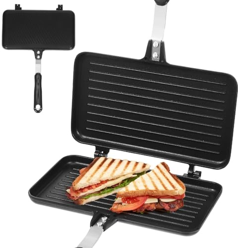 NUOBESTY Plaque de Cuisson Sandwich Double Face Antiadhésive en Alliage d'Aluminium Poêle Gaz Grand Manche Incurvé 1 Pièce Appareil Petit-Déjeuner Polyvalent pour Sandwichs Crêpes et