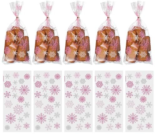 QUARKZMAN 100 Bolsas De Golosinas Con Motivos De Copos De Nieve Rosa | Bolsas Para Galletas Con Cierre De Alambre Para Envases De Dulces Fiestas Navideñas Celebraciones De Invierno