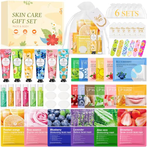 Lot de 54 soins de la peau pour femme comprenant des masques faciaux, de la crème pour les mains, des patchs sous les yeux, des masques à lèvres, du baume à lèvres, du savon et des mini limes à ongles