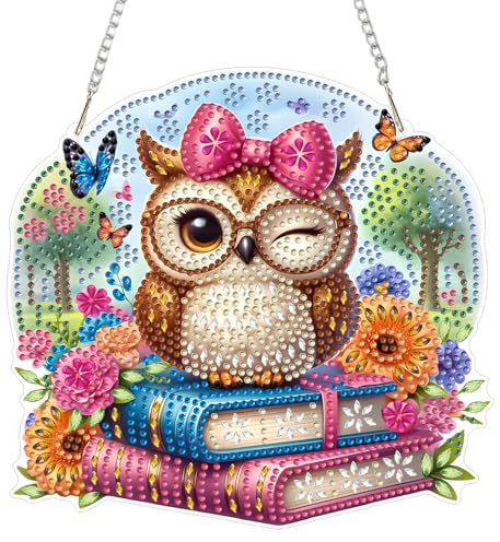 AIRDEA DIY Owl Diamond Art Ornament Kit for Adults, Double-Sided Books Flowers Diamond Painting Hanging Kit, DIY Acrylic Special Shaped Drills Hanging Suncatcher