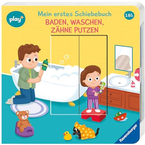 Ravensburger Play+ Mein erstes Schiebebuch: Baden, waschen, Zähne putzen, Buch ab 18 Monate