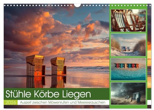 Stühle Körbe Liegen (Wandkalender 2026 DIN A3 quer), CALVENDO Monatskalender: Zwischen Himmel und Meer sind Strandkörbe, Liegen und Stühle als stille Zeugen der Jahreszeiten. (CALVENDO Orte)