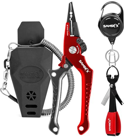 SAMSFX Pince de pêche en Aluminium pour Retirer Les hameçons, Coupe-Fil de Tresse avec Cordon enroulé et Gaine, Outil de nouage de nœuds et rétracteurs pour la pêche à la Mouche (poignée Grise et