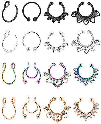 Mayhoop Fake Nasenpiercing, Septum, Chirurgenstahl, mit klarem CZ, falsches Piercing, für Lippen, Ohr, Nase, Septum, Ring, kein Piercing für Frauen und Männer, Metall