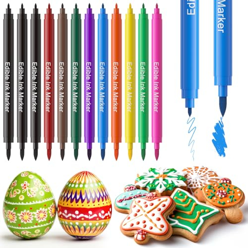 Jewem Edible Markers for Cookie Decorating, 12Pcs Food Coloring Pens, Double Sided Food Grade Pens with Fine & Thick Tips for Decorating Fondant, Cakes, Cookies, Frosting, Macaron, Dessert Decorating
