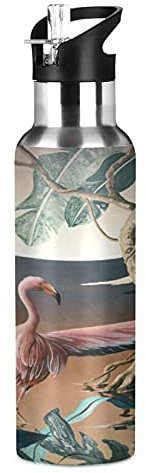 Mignon Oiseau Flamant Rose De La Jungle des Palmiers Isotherme Bouteille d'eau avec Paille, Gourde Sport en Acier Inoxydable 600ML Gourdes sans BPA pour Enfant Garçon Fille École Bureau