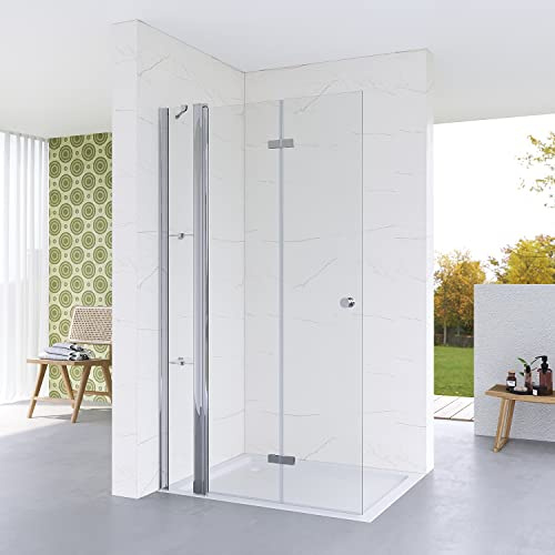 Walk-in Duschwand Glas 95 cm breit Duschtür an Festteil mit Eckablage Duschabtrennung faltbar Falttür Begehbare Dusche Duschtrennwand aus Sicherheitsglas (ESG) 5 mm | Öffnungsseite OHNE Wandprofil