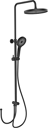 WENKO Duschsystem Softwater, Duschstange aus Edelstahl mit Regenduschkopf, Handbrause, Duschschlauch, Brausegleiter, einfacher Anschluss an bestehende Armaturen, höhenverstellbar (75-120 cm), Schwarz