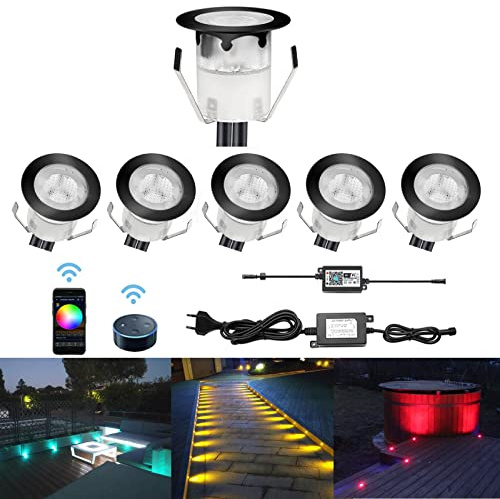 CHNXU 6er Set LED Bodeneinbauleuchte, WiFi RGB LED Einbaustrahler Steuerbar via App, IP67 Wasserdicht Außen Boden Lampe Ø30mm Treppen Einbaustrahler Kompatibel mit Amazon Alexa, Google Home, Schwarz