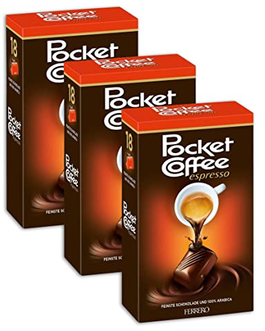 3X Pocket Coffee Espresso Scatola con 18 Praline di Finissimo Cioccolato e Ripieno di Caffe 100% Arabica 225g [3 Confezioni]