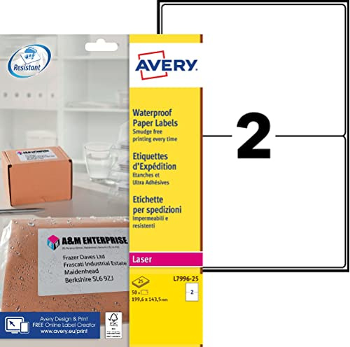 AVERY - Förpackning med 50 vattentäta och ultra-självhäftande fraktetiketter vit laser 199,6 x 143,5 mm