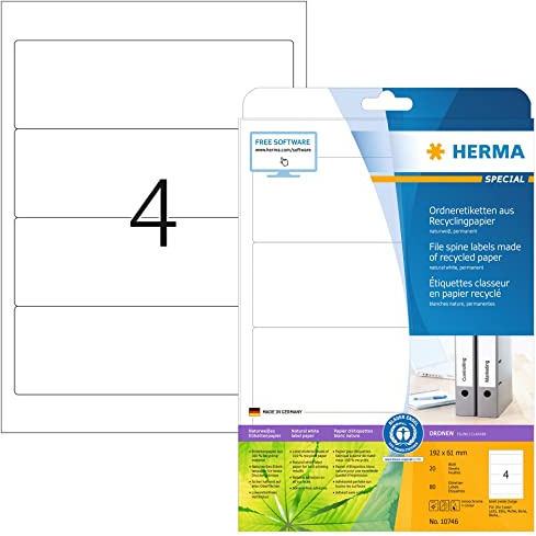 HERMA 10746 återvinning mappbaksida etiketter kort bred, 20 ark, 192 x 61 mm, 4 per A4-ark, 80 stycken, självhäftande, tryckbara, ogenomskinliga, mappetiketter ryggskyltar klistermärken, naturvit