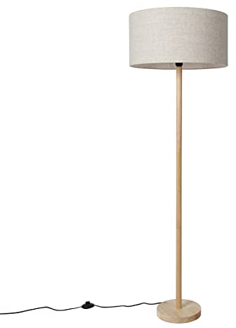 Qazqa Landhaus Stehleuchte mit Schirm, Stehlampe - Mels - Naturel, Rund, Holz, max. 40W, Geeignet für LED, 153cm, Ideal als Flur, Schlafzimmerlampe und Wohnzimmerlampe