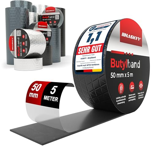 HASKYY Ruban d'étanchéité en butyle 50mm x 5m Adhésif Bande en Étanche en caoutchouc butyle en aluminium - Imperméables de Réparation - résistant au vieillissement, à la corrosion et aux UV - Noir
