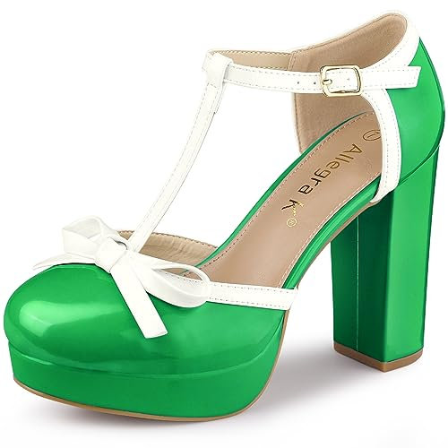 Allegra K Zapatos de tacón grueso con correa en T y plataforma para mujer, Verde lima, 7