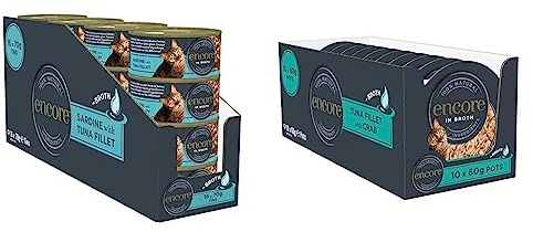 Encore 100% Natural Wet Cat Food, Sardine with Tuna Fillet in Broth, 70g (Pack of 16) & 100% Natural Wet Cat Food Pot, Succulent Tuna with Pacific Crab in Broth 60 g Pot (Pack of 10)