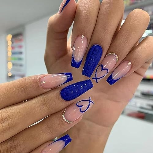 AKOFIC 24 Stück Nägel zum Aufkleben Mittellang, Sarg Press on Nails French, Nude Blau Ballerina Kunstnägel mit Herz Diamond Design, Coffin Fake Nails Künstliche Fingernägel für Frauen Mädchen