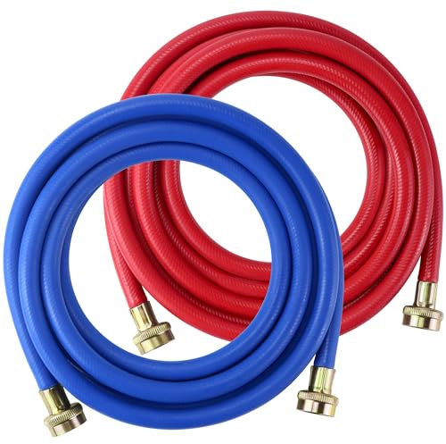 2 PACK Rubber Washing Machine Hoses Burst Proof Red and Blue Coded Washer Machine for Hot and Cold Water 3/4 Connection Supply Lines by Fetechmate Washer Hoses (12 FT)