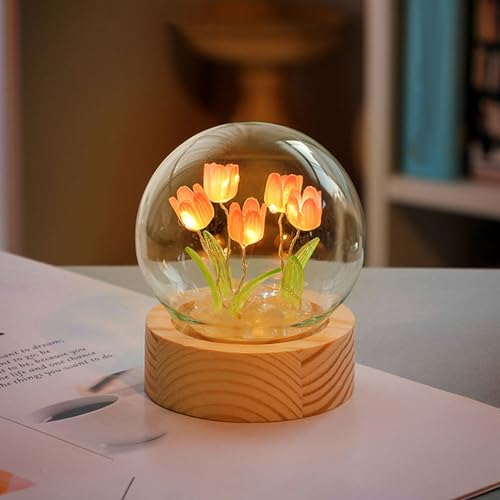 ViaGasaFamido Lampada da Notte a Forma di Tulipano Fai-da-Te, Fiore, Sfera di Cristallo, Sfera di Vetro, Con Base in Legno, Camera da Letto, Lampada (Rosa)