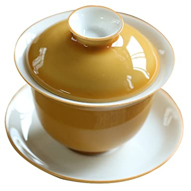 Gelbe weiße Porzellanschale mit Deckel, große Teeschale, Keramik-Teeset, Teeaufgusstasse, Toast-Teetasse (D 10 cm)