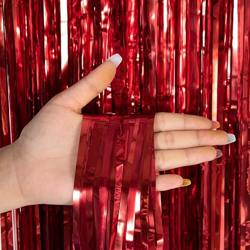 SYSUII 8 Stück Lametta Vorhänge Rot, 1m x 3m Metallic Party Glitzervorhang Geburtstag Foto Hintergrund Folien Fransen Tür Fenster Hintergrund Foto Requisiten für Festival Geburtstag Hochzeit