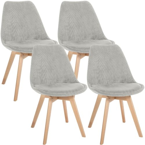 CLP Esszimmerstuhl 4er Set gepolstert Linares, Küchenstühle mit Rückenlehne und Holzgestell Buchenholz, Polsterstühle mit Bodenschonern | Farbe grau Material Cord
