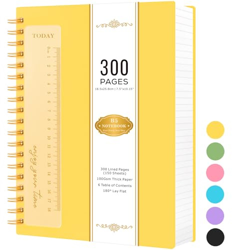 NIRMIRO Notizblock B5, 300 Seiten, Spiralnotizbücher zum Schreiben, Spiralbindung, dicker Notizblock mit 100 g/m² liniertem Papier, fester Einband, PVC-Einband, 18,5 x 25,8 cm, Gelb