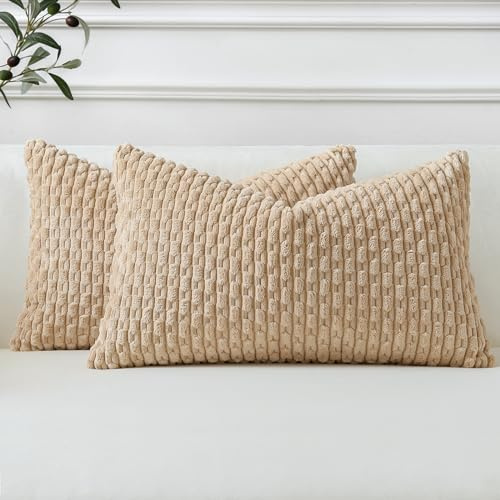 Sungeek Lot de 2 Housse de Coussin Tan 30x50 cm en Velours Côtelé, Housse Coussins Rayures Bohèmes Doux Taies d'oreiller Décoratives pour Lit Canapé Chaise Chambre Salon