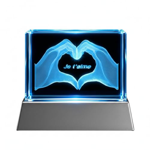 Kaltner Präsente Stimmungslicht - Das perfekte Geschenk: Kristall Glasblock mit 3D Gravur/Ich liebe dich Geschenke für Frauen, Männer/Jahrestag Geschenk für Sie, Ihn/Gravur Herz/Nachtlicht