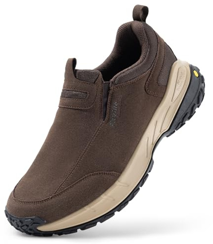 FitVille Extra Anchos Zapatillas de Senderismo Hombre Sin Cordones Zapatos para Nordic Walking Zapatillas Casual Slip-on Marrón 43 EU X-Ancho