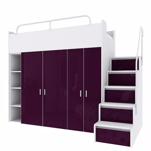 Marlux-Meble Hochbett Kinderbett JSM-2 90x200 mit Zwei Kleiderschränken, Bücherregal und Treppe Hochglanz Etagenbett Stockbett Jugendhochbett (Violett Glanz)