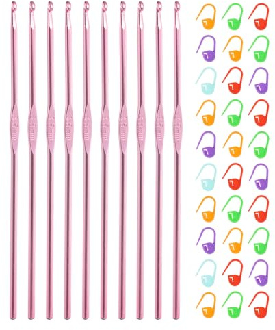 QUARKZMAN 10pcs Häkelnadel 3,5mm US Größe E/4 Pink | Aluminium Stricknadeln mit 30pcs Maschenmarkierern für DIY Handwerksgarn