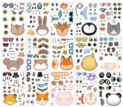 Make-A-Face-Stickerbögen – Gestalten Sie Ihr eigenes Tier, passen Sie die Stickerbögen zusammen | Niedliche Tier-Kreis-Aufkleber für Kinder, Tier-Aufkleber, Klassenzimmer-Lehrer-Belohnungsaufkleber f