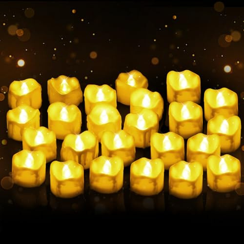 LED Teelichter, flammenlose LED-Teelichter, realistische flackernde Glühbirne, batteriebetriebene Teelichter, saisonale und festliche Feiern, elektrische künstliche Kerze in warmem Gelb -24 Stück